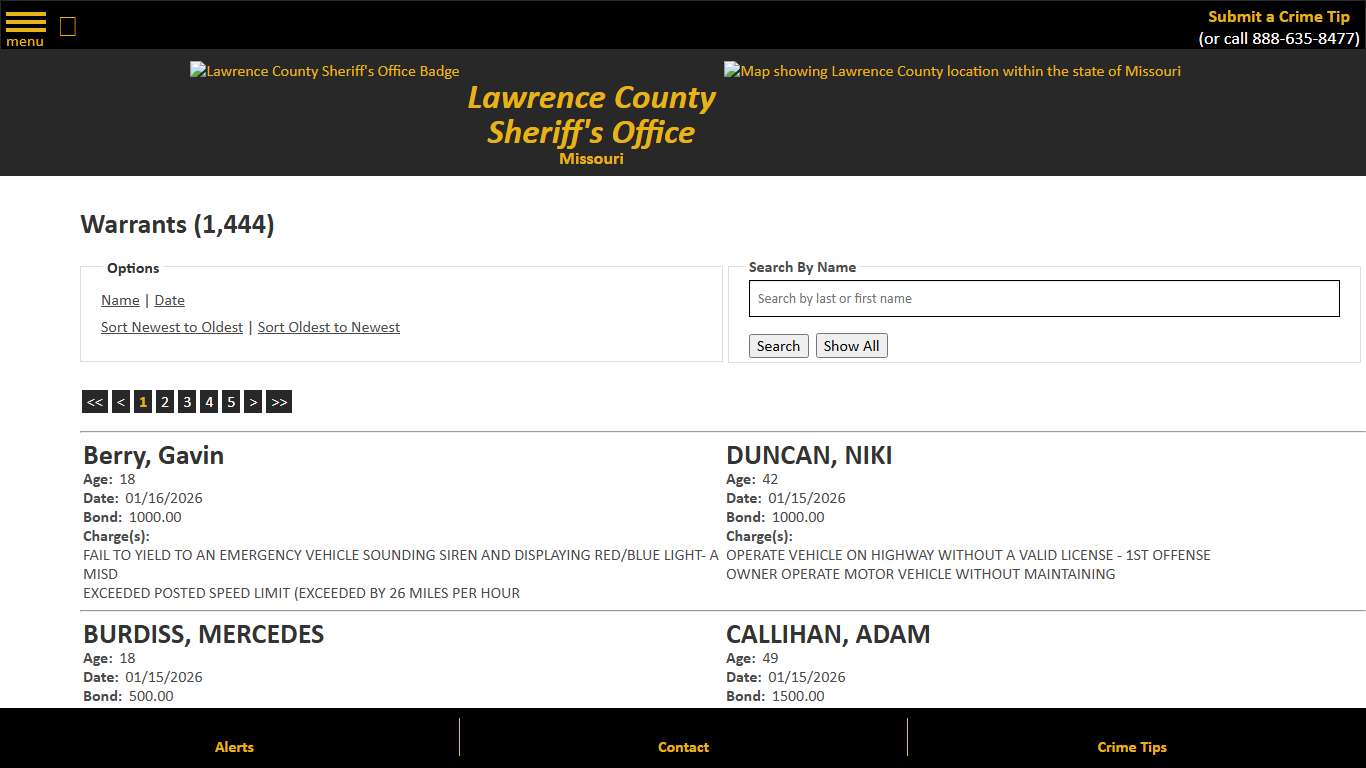 Warrants - Warrant Date - Descending - Lawrence County Sheriff MO